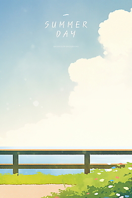 PSD 구름 바다 일러스트 하늘 수채화 잔디 사람없음 햇빛 여름풍경 들꽃 풀 시원함 감성 나무울타리 수평선 청량 국내일러스트 자연요소 식물 꽃 컨셉 풍경 울타리 태양 파일형식 여름_계절