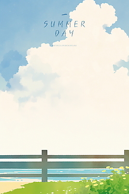 PSD 구름 바다 일러스트 하늘 수채화 잔디 사람없음 햇빛 여름풍경 들꽃 풀 시원함 감성 나무울타리 청량 국내일러스트 자연요소 식물 꽃 컨셉 풍경 울타리 태양 파일형식 여름_계절