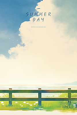 PSD 구름 바다 일러스트 하늘 수채화 잔디 사람없음 여름풍경 들꽃 풀 시원함 감성 나무울타리 수평선 청량 국내일러스트 자연요소 식물 꽃 컨셉 풍경 울타리 파일형식 여름_계절