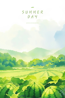 PSD 나무 구름 잎 일러스트 하늘 수채화 산 수박 사람없음 초록색 햇빛 여름풍경 시원함 감성 수박밭 청량 국내일러스트 자연요소 식물 컬러 컨셉 밭 과일 풍경 태양 파일형식 여름_계절