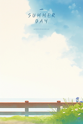 PSD 구름 바다 일러스트 하늘 수채화 잔디 사람없음 햇빛 여름풍경 들꽃 풀 시원함 감성 나무울타리 수평선 청량 국내일러스트 자연요소 식물 꽃 컨셉 풍경 울타리 태양 파일형식 여름_계절