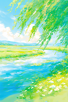 JPG 구름 하늘색 일러스트 하늘 사람없음 초록색 햇빛 여름풍경 물가 개울 수양버들 국내일러스트 AI일러스트 AI콘텐츠 자연요소 컬러 풍경 파란색 강 태양 버드나무 파일형식 여름_계절