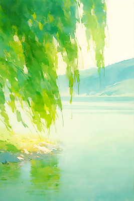 JPG 일러스트 산 사람없음 초록색 강 여름풍경 물가 수양버들 국내일러스트 AI일러스트 AI콘텐츠 컬러 풍경 버드나무 파일형식 여름_계절