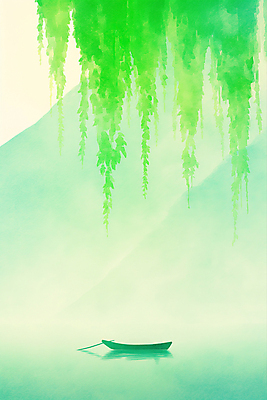 JPG 일러스트 수채화 산 사람없음 초록색 반사 여름풍경 안개 물가 수면 수양버들 노 청록색 조각배 국내일러스트 AI일러스트 AI콘텐츠 컬러 배_교통 날씨 풍경 물 버드나무 선박 파일형식 여름_계절
