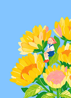 PSD 여자 어린이 하늘색 잎 꽃밭 일러스트 여름꽃 하늘 동화 해바라기 한명 미소 소녀 노란색 여름풍경 큼 시원함 상쾌 소인 소녀한명만 다소곳 국내일러스트 식물 1 꽃 감정 컬러 컨셉 표정 사람 풍경 파란색 크기 여자한명만 소녀만 파일형식 여름_계절