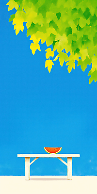 JPG 나무 하늘색 일러스트 하늘 단면 나뭇잎 수박 사람없음 여름 평화 고요 시원함 평상 수박조각 국내일러스트 AI일러스트 AI콘텐츠 식물 계절 조각 컨셉 잎 과일 파란색 파일형식