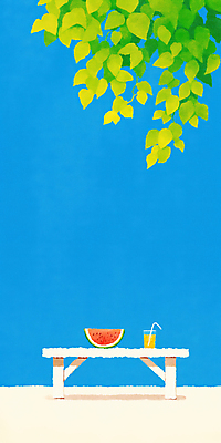 JPG 나무 하늘색 일러스트 하늘 단면 나뭇잎 잔 수박 빨대 사람없음 여름 평화 고요 주스 시원함 평상 냉음료 수박조각 국내일러스트 AI일러스트 AI콘텐츠 식물 식기 계절 음료 조각 컨셉 잎 과일 파란색 파일형식