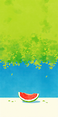 JPG 나무 하늘색 일러스트 하늘 단면 나뭇잎 수박 사람없음 초록색 여름 평화 고요 시원함 수박조각 국내일러스트 AI일러스트 AI콘텐츠 식물 계절 컬러 조각 컨셉 잎 과일 파란색 파일형식