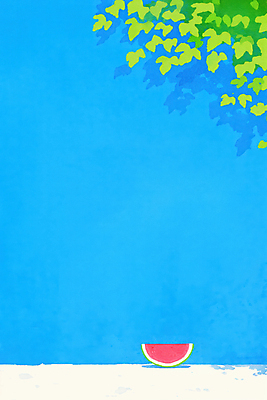 JPG 벽 하늘색 잎 일러스트 단면 수박 그림자 사람없음 여름 평화 고요 담쟁이덩굴 시원함 수박조각 국내일러스트 AI일러스트 AI콘텐츠 식물 계절 조각 컨셉 과일 파란색 덩굴 파일형식