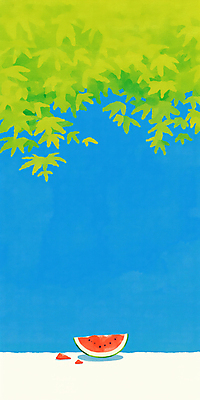 JPG 나무 하늘색 일러스트 하늘 단면 나뭇잎 수박 사람없음 여름 평화 고요 시원함 수박조각 국내일러스트 AI일러스트 AI콘텐츠 식물 계절 조각 컨셉 잎 과일 파란색 파일형식