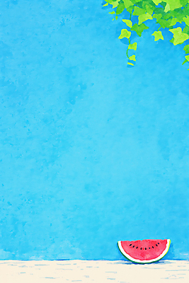 JPG 벽 하늘색 잎 일러스트 단면 수박 사람없음 여름 평화 고요 담쟁이덩굴 시원함 수박조각 국내일러스트 AI일러스트 AI콘텐츠 식물 계절 조각 컨셉 과일 파란색 덩굴 파일형식