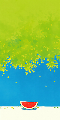 JPG 나무 하늘색 일러스트 하늘 단면 나뭇잎 수박 사람없음 초록색 여름 평화 고요 시원함 수박조각 국내일러스트 AI일러스트 AI콘텐츠 식물 계절 컬러 조각 컨셉 잎 과일 파란색 파일형식