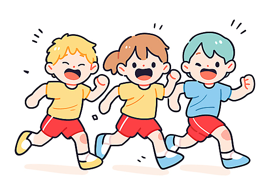 전신 여자 남자 어린이 일러스트 학교 함께함 웃음 소녀 소년 세명 친구 운동복 달리기 즐거움 체육시간 러닝 어린이만 일러캐릭터 AI파일 캐릭터 옷 교육 감정 컨셉 관계 모션 수업 표정 사람 파일형식 벡터