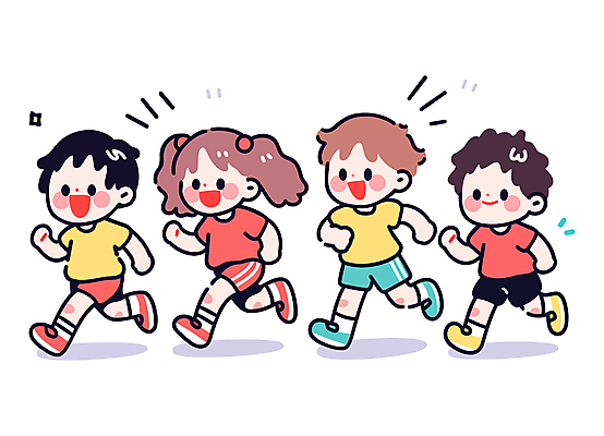 전신 여자 남자 어린이 일러스트 함께함 웃음 소녀 소년 여러명 친구 운동복 달리기 즐거움 땀 체육시간 러닝 어린이만 일러캐릭터 AI파일 캐릭터 옷 감정 다수 컨셉 관계 모션 수업 표정 사람 파일형식 벡터