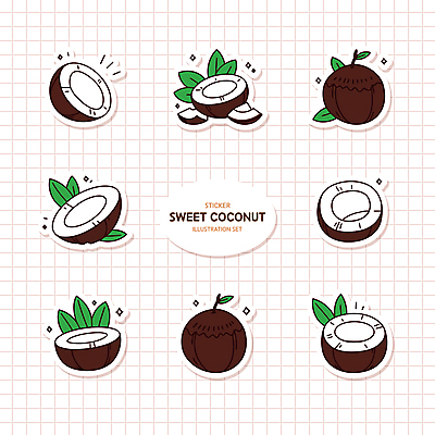 스티커 잎 일러스트 단면 사람없음 반짝임 세트 갈색 코코넛과육 국내일러스트 AI파일 식물 컬러 모션 코코넛 과육 파일형식 벡터