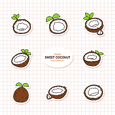 스티커 잎 일러스트 단면 사람없음 세트 갈색 코코넛과육 국내일러스트 AI파일 식물 컬러 코코넛 과육 파일형식 벡터