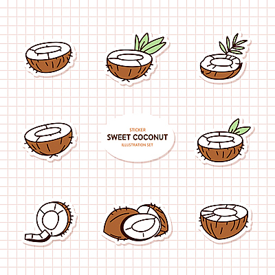 스티커 잎 일러스트 단면 사람없음 세트 갈색 코코넛과육 국내일러스트 AI파일 식물 컬러 코코넛 과육 파일형식 벡터