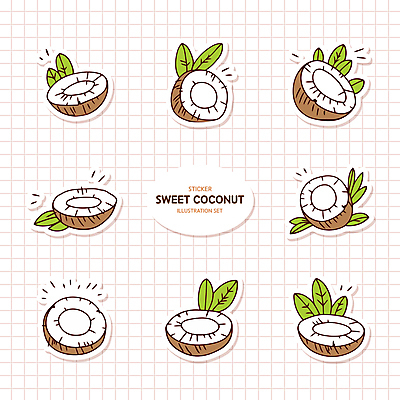 스티커 잎 일러스트 단면 사람없음 세트 갈색 코코넛 국내일러스트 AI파일 식물 컬러 과일 파일형식 벡터