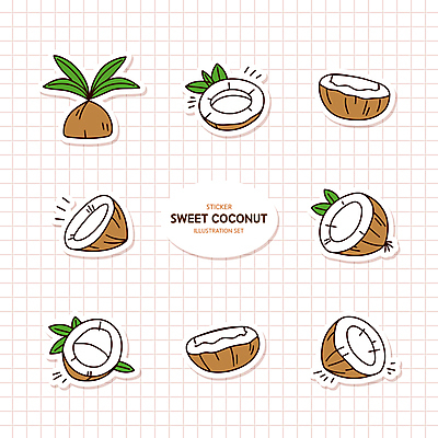 스티커 잎 일러스트 단면 사람없음 세트 갈색 코코넛 국내일러스트 AI파일 식물 컬러 과일 파일형식 벡터