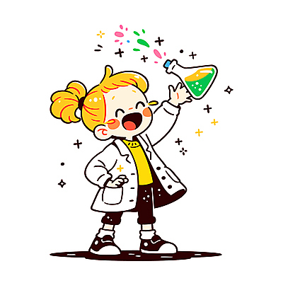 전신 여자 어린이 일러스트 실험 한명 들기 소녀 반짝임 관찰 실험복 과학자 즐거움 삼각플라스크 흘림 소녀한명만 일러캐릭터 AI파일 직업 캐릭터 1 감정 과학 모션 사람 가운 플라스크 학자 여자한명만 소녀만 파일형식 벡터