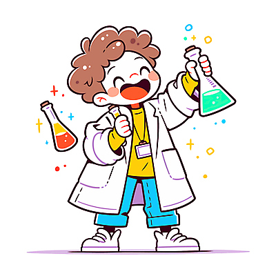 전신 남자 어린이 일러스트 실험 한명 들기 소년 반짝임 관찰 실험복 이름표 과학자 즐거움 시험관 삼각플라스크 소년한명만 일러캐릭터 AI파일 직업 캐릭터 1 감정 과학 모션 실험기구 사람 가운 플라스크 학자 남자한명만 소년만 파일형식 벡터