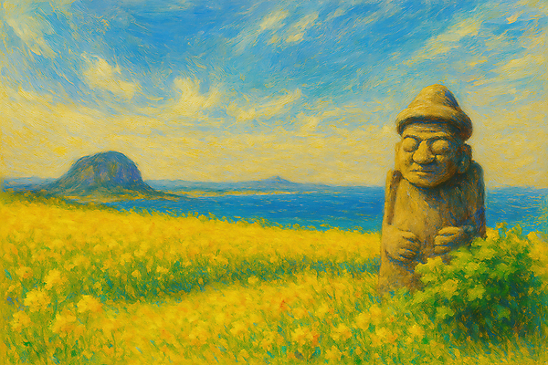 JPG 바다 섬 일러스트 풍경 사람없음 제주도 노란색 봄 돌하르방 유채 국내일러스트 AI일러스트 AI콘텐츠 계절 꽃 컬러 한국 파일형식