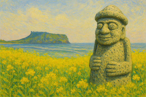 JPG 바다 섬 일러스트 풍경 사람없음 제주도 봄 돌하르방 유채 국내일러스트 AI일러스트 AI콘텐츠 계절 꽃 한국 파일형식