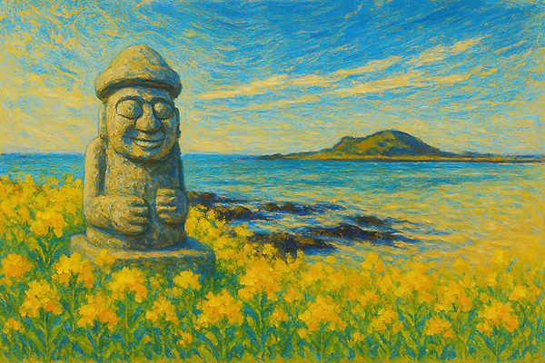 JPG 바다 섬 일러스트 풍경 사람없음 제주도 봄 돌하르방 유채 국내일러스트 AI일러스트 AI콘텐츠 계절 꽃 한국 파일형식