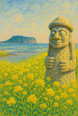 JPG 바다 섬 일러스트 풍경 사람없음 제주도 봄 돌하르방 유채 국내일러스트 AI일러스트 AI콘텐츠 계절 꽃 한국 파일형식