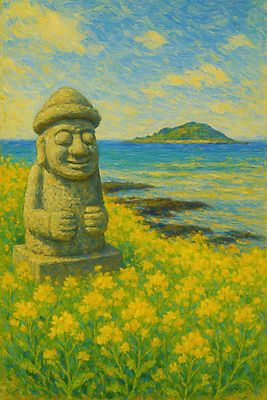 JPG 바다 섬 일러스트 풍경 사람없음 제주도 봄 돌하르방 유채 국내일러스트 AI일러스트 AI콘텐츠 계절 꽃 한국 파일형식