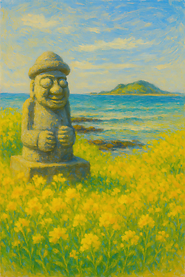 JPG 바다 섬 일러스트 풍경 사람없음 제주도 봄 돌하르방 유채 국내일러스트 AI일러스트 AI콘텐츠 계절 꽃 한국 파일형식