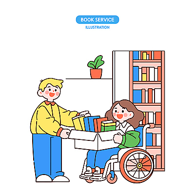 전신 식물 여자 남자 화분 일러스트 친절 책장 미소 들기 성인 두명 책 반짝임 상자 독서 봉사 도움 장애인 서비스 휠체어 주기 성인만 국내일러스트 AI파일 가구 컨셉 모션 표정 사람 장애 파일형식 벡터