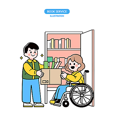 전신 여자 남자 일러스트 친절 책장 미소 들기 성인 두명 책 반짝임 상자 독서 봉사 도움 장애인 서비스 휠체어 주기 성인만 국내일러스트 AI파일 가구 컨셉 모션 표정 사람 장애 파일형식 벡터