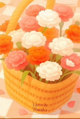 PSD 꽃잎 잎 일러스트 따뜻함 선물 사랑 사람없음 부모 주황색 마음 어버이날 스승의날 카네이션 감사 체크무늬 꽃바구니 부드러움 가정의달 감성 정성 국내일러스트 식물 기념일 꽃 감정 컬러 컨셉 무늬 가족 바구니 감각 5월 파일형식