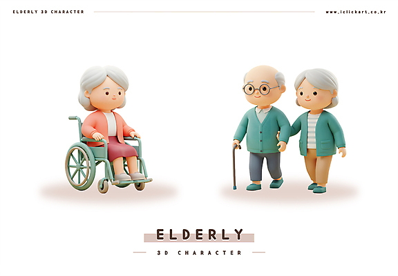 PSD 편집이미지 여자 할아버지 노년 남자 할머니 지팡이 3D캐릭터 앉기 세명 3D 걷기 손잡기 노부부 잡기 휠체어 점토 노인만 편집3D 캐릭터 부부 모션 사람 성인 디지털합성 성인만 파일형식