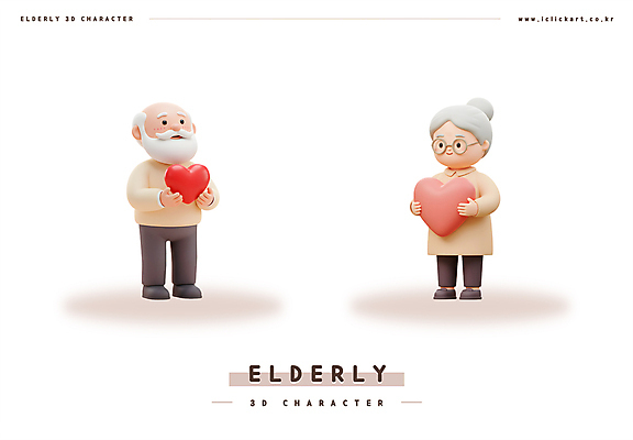 PSD 편집이미지 여자 할아버지 노년 남자 할머니 3D캐릭터 사랑 미소 들기 두명 3D 노부부 하트 점토 노인만 안경낌 편집3D 모양 캐릭터 부부 감정 안경 모션 표정 사람 성인 디지털합성 성인만 파일형식