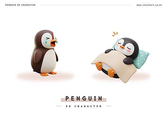 PSD 편집이미지 두마리 베개 미소 사람없음 3D 귀여움 눈감음 이불 잠 울음 눈물 덮기 펭귄캐릭터 편집3D 수면_잠 감정 동물캐릭터 컨셉 2 침구 모션 표정 디지털합성 펭귄 파일형식