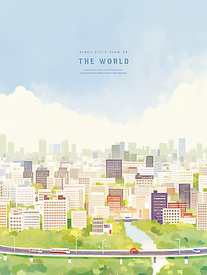 PSD 나무 구름 도로 가로등 일러스트 자동차 하늘 수채화 버스 풍경 사람없음 강 도시 빌딩숲 국내일러스트 자연요소 식물 공공시설 길 육상교통 교통시설 대중교통 빌딩 파일형식