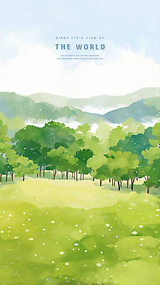 PSD 나무 구름 일러스트 하늘 수채화 산 풍경 잔디 초원 사람없음 국내일러스트 자연요소 식물 파일형식