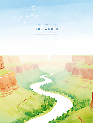 PSD 나무 일러스트 하늘 수채화 풍경 초원 사람없음 강 골짜기 절벽 암석 그랜드캐니언 국내일러스트 식물 자연 미국 돌_바위 파일형식