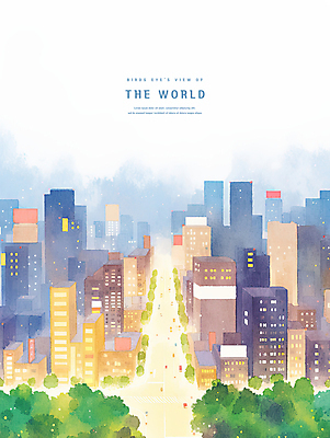 PSD 나무 야경 일러스트 자동차 하늘 수채화 풍경 사람없음 건물 빛 도시 교차로 국내일러스트 식물 건축물 길 육상교통 야간 파일형식 풍경_경치