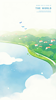 PSD 나무 구름 바다 일러스트 갈매기 수채화 산 주택 풍경 사람없음 해안도시 해안도로 국내일러스트 자연요소 식물 도로 조류 건물 도시 파일형식