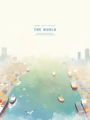 PSD 바다 일러스트 갈매기 수채화 풍경 사람없음 건물 항구 안개 어선 화물선 국내일러스트 건축물 배_교통 교통시설 조류 날씨 파일형식