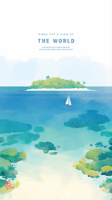 PSD 바다 섬 요트 일러스트 하늘 수채화 풍경 사람없음 야자수 산호 산호초 국내일러스트 나무 배_교통 수중식물 자포동물 파일형식