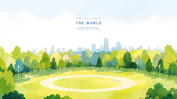 PSD 나무 구름 공원 가로등 일러스트 하늘 수채화 풍경 빌딩 잔디 사람없음 도시 광장 국내일러스트 자연요소 식물 공공시설 건물 파일형식