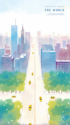 PSD 나무 도로 일러스트 하늘 수채화 풍경 빌딩 사람없음 도시 교차로 택시 국내일러스트 식물 길 교통시설 승용차 자동차 건물 파일형식