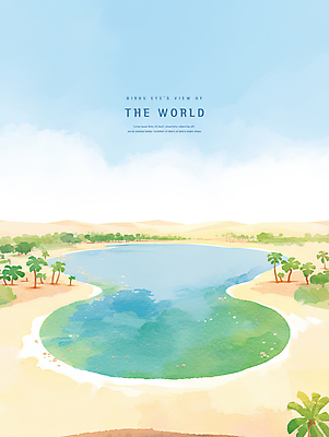 PSD 구름 호수 모래 일러스트 하늘 수채화 풍경 사람없음 모래사장 야자수 사막 오아시스 국내일러스트 자연요소 나무 바다 파일형식