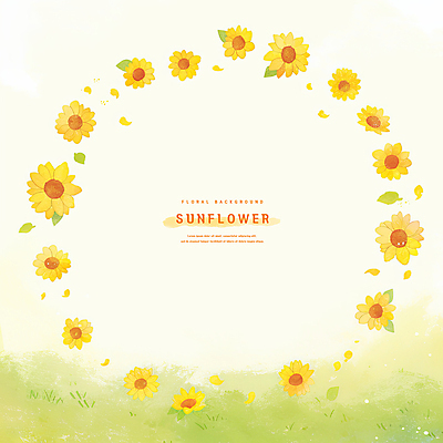 PSD 잎 일러스트 여름꽃 해바라기 수채화 사람없음 노란색 원형프레임 국내일러스트 식물 꽃 컬러 프레임 원형 파일형식 여름_계절