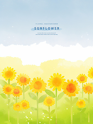 PSD 꽃밭 일러스트 여름꽃 하늘 해바라기 수채화 사람없음 노란색 국내일러스트 꽃 컬러 파일형식 여름_계절
