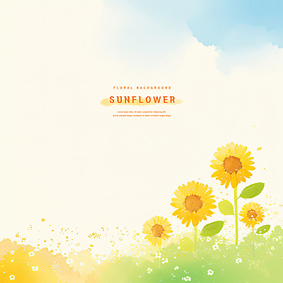 PSD 잎 일러스트 여름꽃 하늘 해바라기 수채화 사람없음 노란색 풀 국내일러스트 식물 꽃 컬러 파일형식 여름_계절